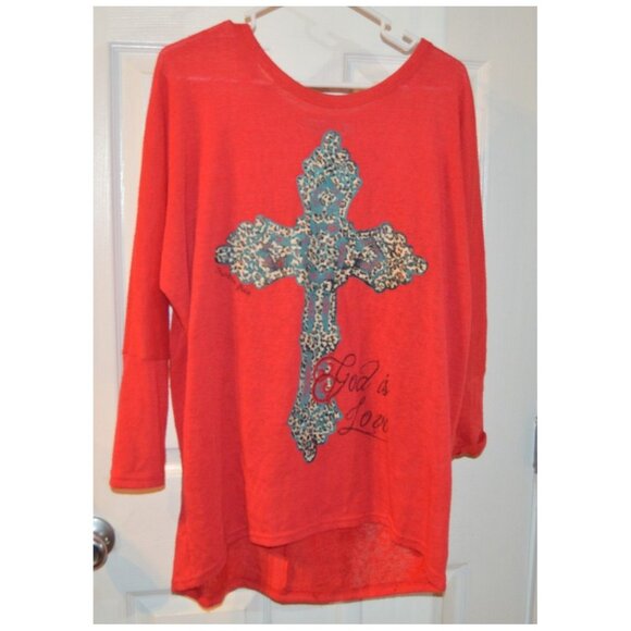 Southern Grace "God Is Love" 3/4 Sleeve Blouse Shirt Size S/M Red w/Cross - Picture 1 of 5